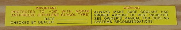 Mopar Antifreeze Decal 1962 thru 1968